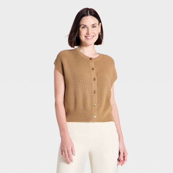 A New Day Sweaters - A New Day - Women's Crewneck Cap Sleeve Button-Front Sweater V Brown